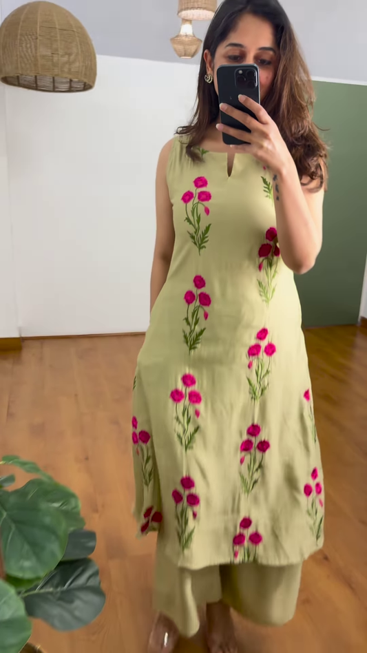 Women’s Floral Embroidered Kurta with Palazzos – Elegant 2-Piece Set with 3/4 Sleeves & Flared Silhouette (Available in 3 Colors)
