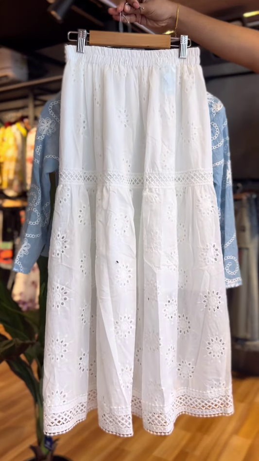 Boho Chic Sky Blue Embroidered Tie-Up Shrug with White Lace Skirt – Lightweight Summer Co-Ord Set for Women