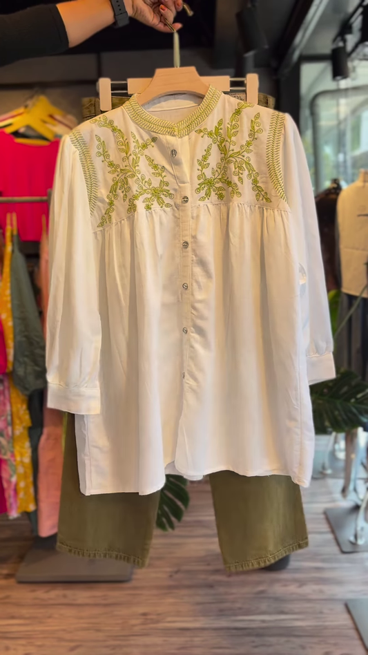White Mandarin Collar Embroidered Kurti with Olive Green Straight Pants – Casual Ethnic Fusion Set for Everyday Chic