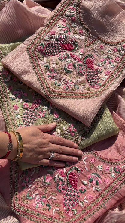 Crushed Tissue Handwork Fabric with Embroidered Peacock and Floral Motifs – Luxe Ethnic Wear Material