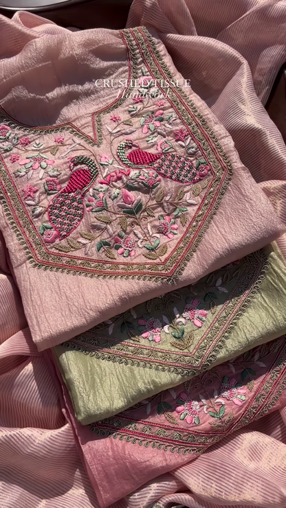 Crushed Tissue Handwork Fabric with Embroidered Peacock and Floral Motifs – Luxe Ethnic Wear Material