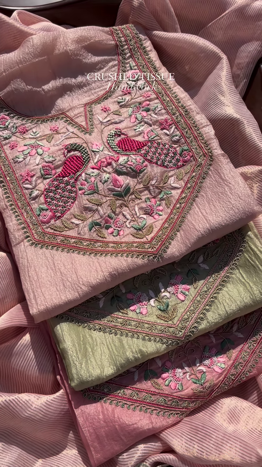 Crushed Tissue Handwork Fabric with Embroidered Peacock and Floral Motifs – Luxe Ethnic Wear Material