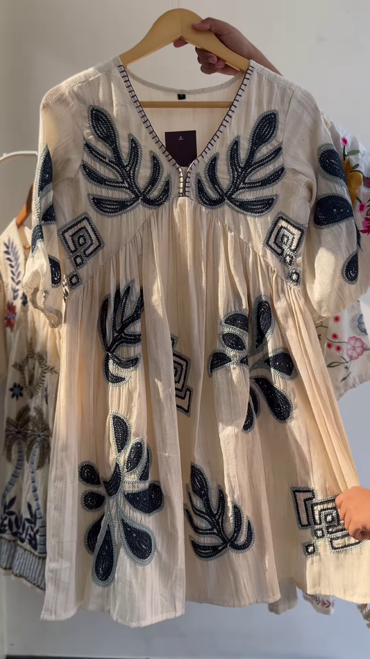Boho Chic Hand-Embroidered Cotton Top – Ivory Base with Maroon Threadwork | 4 Designs & Colors Available