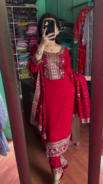 Multicolor silk heavy handwork kurta set with dupatta