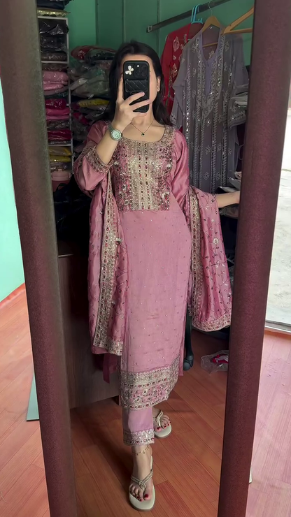 Multicolor silk heavy handwork kurta set with dupatta