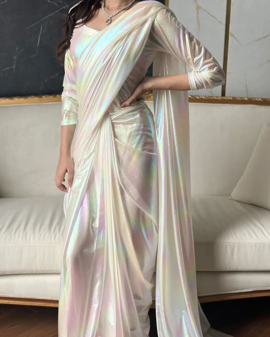 fancy satin white rainbow rfeady to wear saree