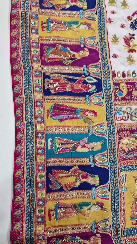 White Silk Saree With Multi-color Embroidered Pallu With Unstitched Blouse