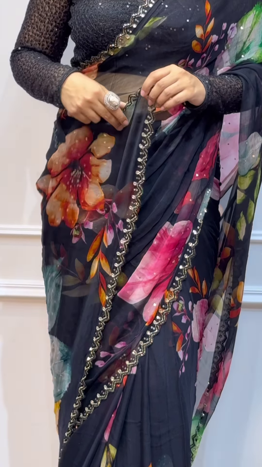 Black colour Shiffon Printed Saree with swaroski diamond work