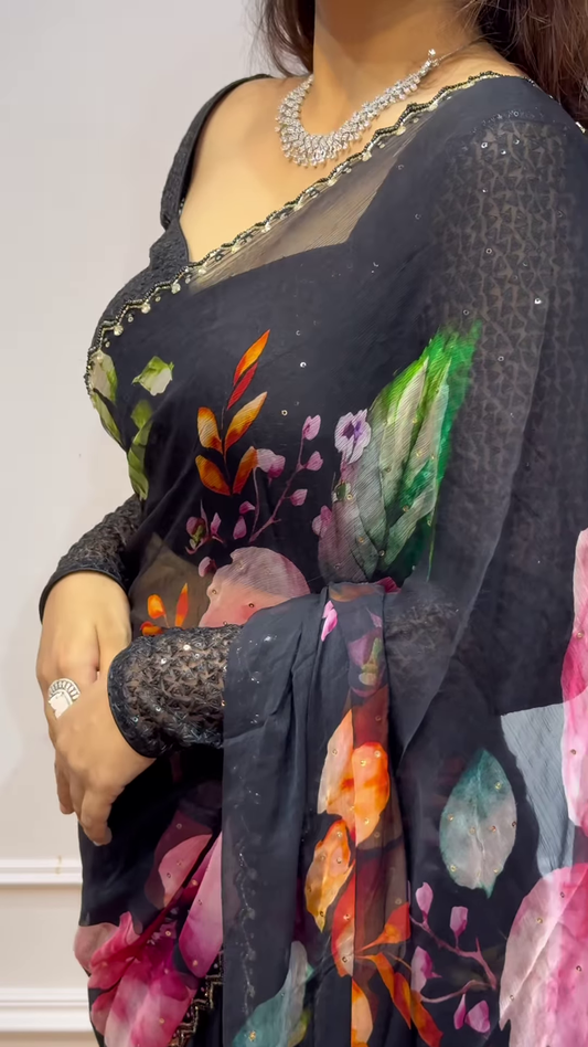 Black colour Shiffon Printed Saree with swaroski diamond work