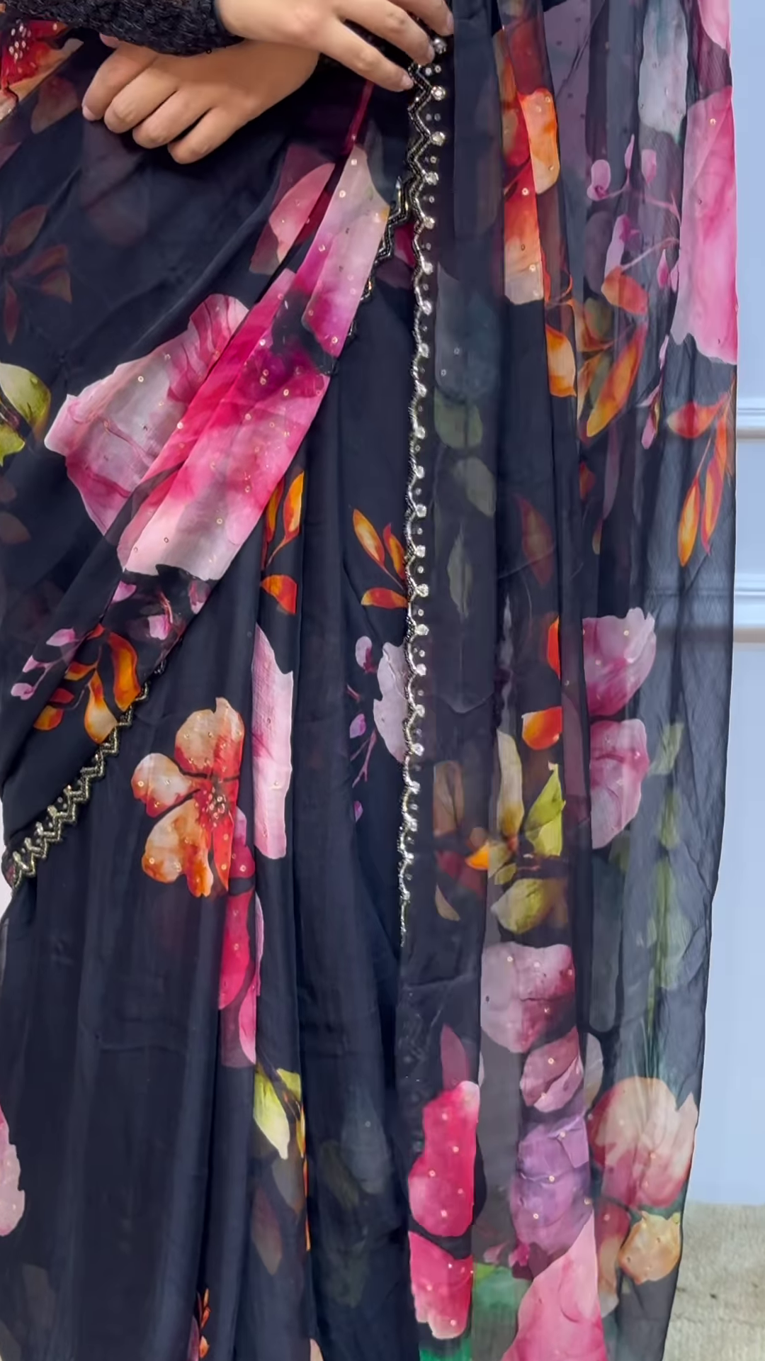 Black colour Shiffon Printed Saree with swaroski diamond work