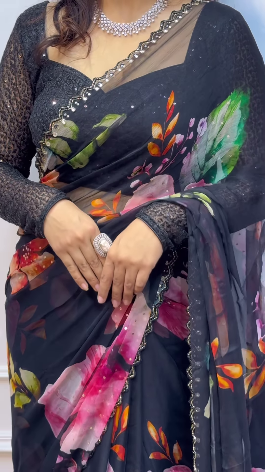 Black colour Shiffon Printed Saree with swaroski diamond work