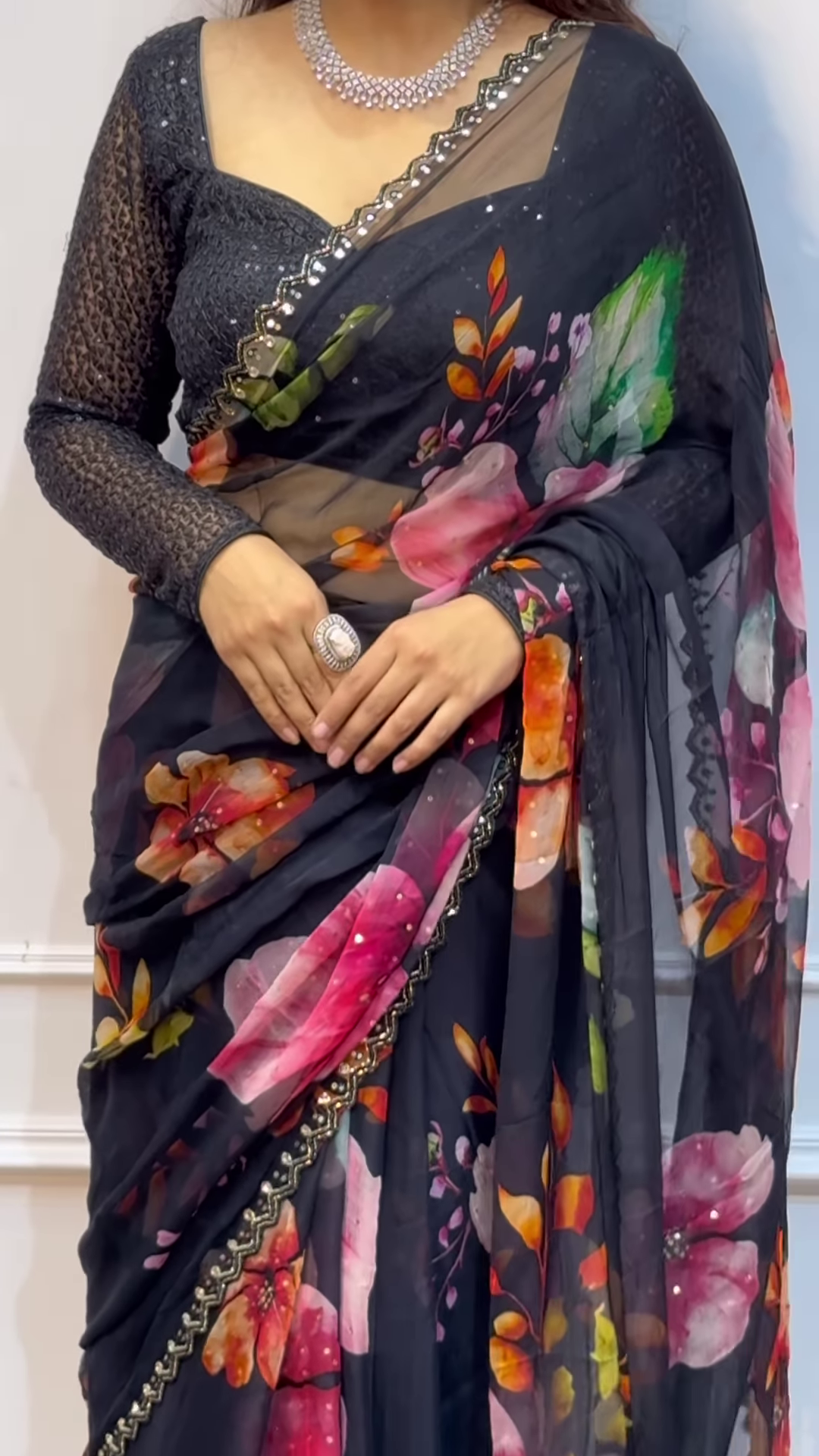 Black colour Shiffon Printed Saree with swaroski diamond work