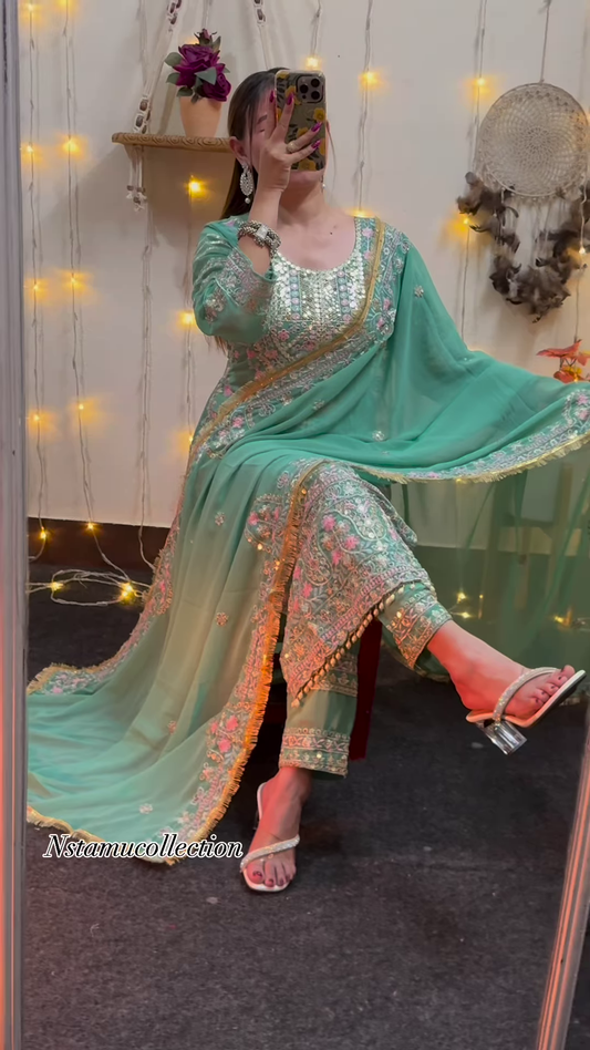 Woman's daily wear heavy embrodary top , plazo with fancy dupataa set in georgette