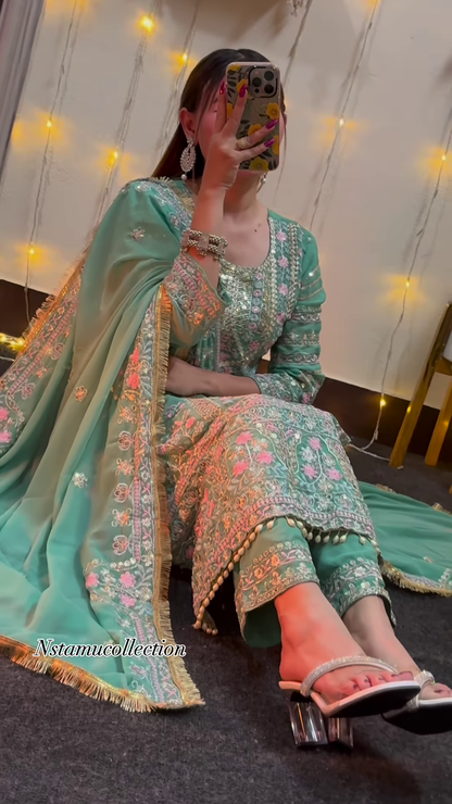 Woman's daily wear heavy embrodary top , plazo with fancy dupataa set in georgette