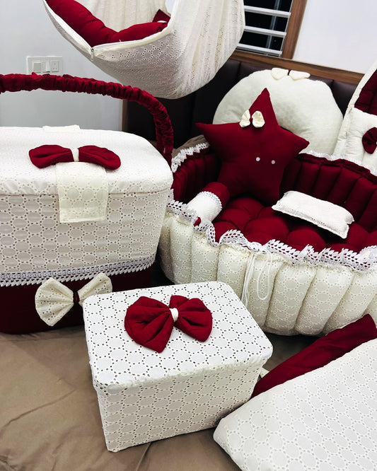 Luxury Baby Bedding Set – Red & White Lace Collection