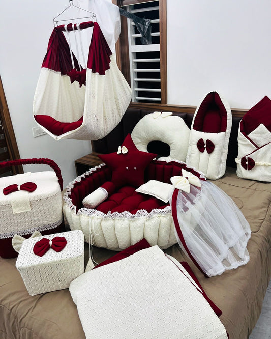 Luxury Baby Bedding Set – Red & White Lace Collection