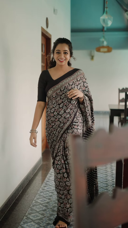 Black colored poly cotton ready to wear saree
