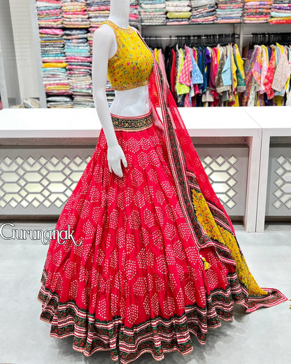 Rayon Embroidered Dandiya Motif Navratri Banjara Style Lehenga Choli With Chiffon Dupatta