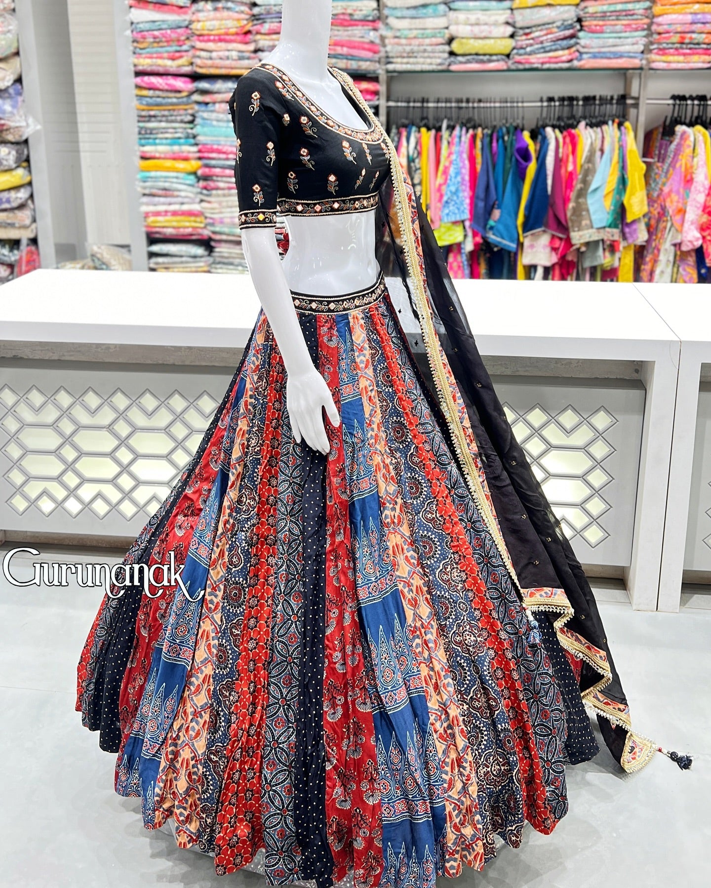 Rayon Embroidered Dandiya Motif Navratri Banjara Style Lehenga Choli With Chiffon Dupatta