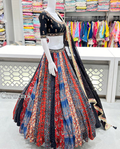 Rayon Embroidered Dandiya Motif Navratri Banjara Style Lehenga Choli With Chiffon Dupatta