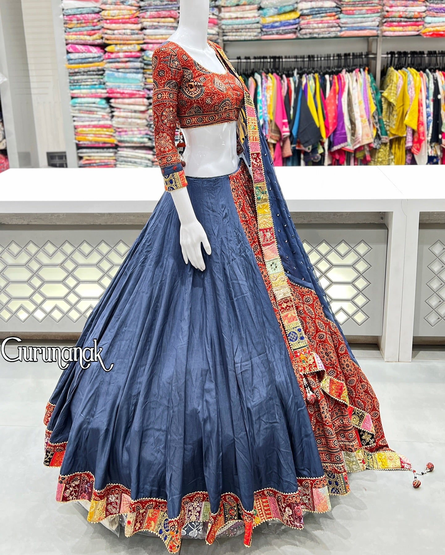 Rayon Embroidered Dandiya Motif Navratri Banjara Style Lehenga Choli With Chiffon Dupatta