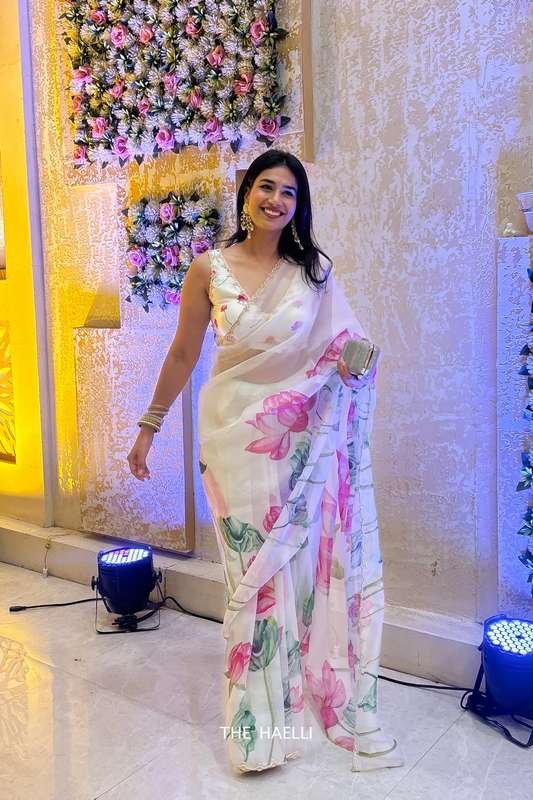 Off White And Pink Floral Pattern Digital Print Georgette Saree With Tassels