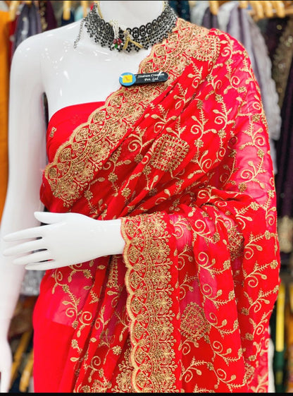 Georgette heavy Saree with golden zari gota work