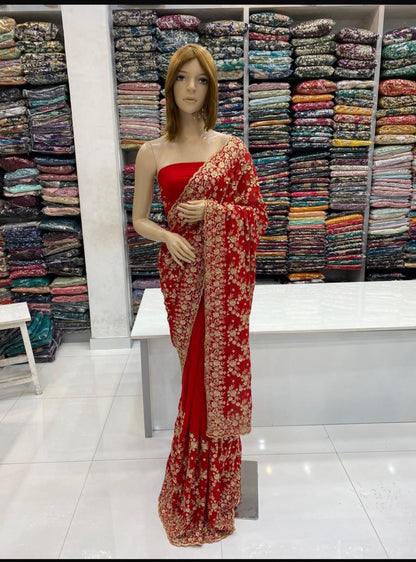 Georgette heavy Saree with golden zari gota work