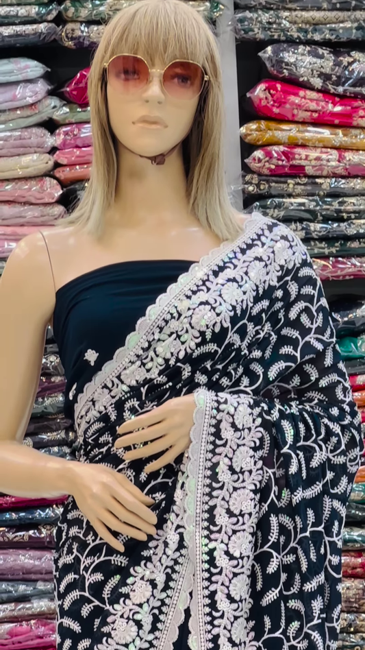 Hand Embroidered Black Georgette Lucknowi Chikankari Saree With Blouse