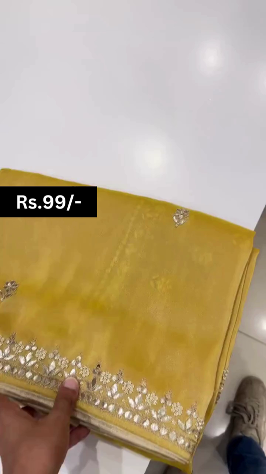 Yellow Dola Silk Saree With Gota Work And Unstitched Blouse Fabric