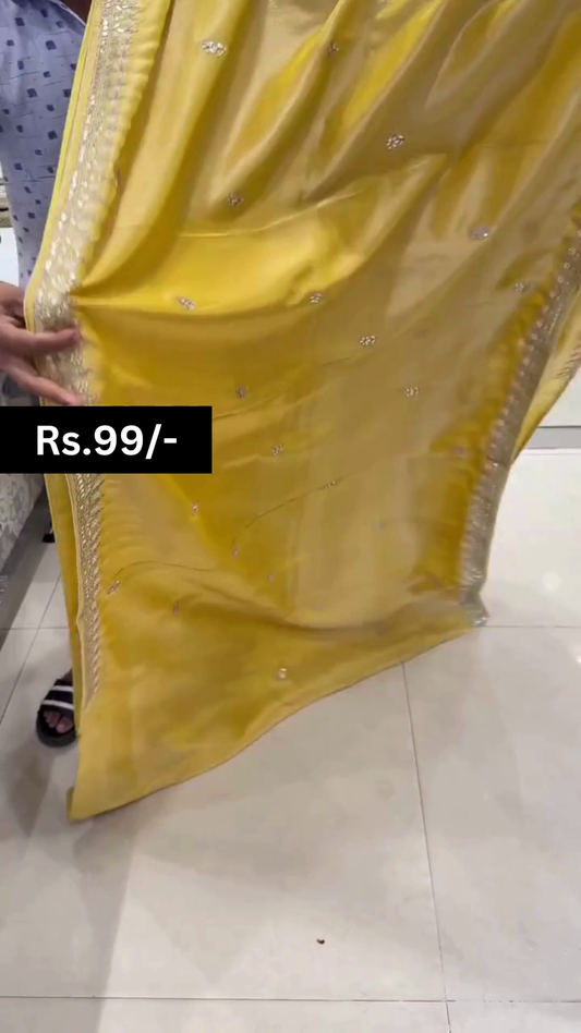 Yellow Dola Silk Saree With Gota Work And Unstitched Blouse Fabric