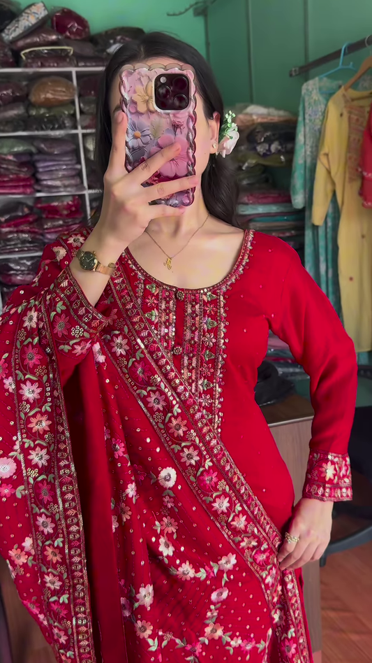 red colour heavy handwork kurta set with dupatta
